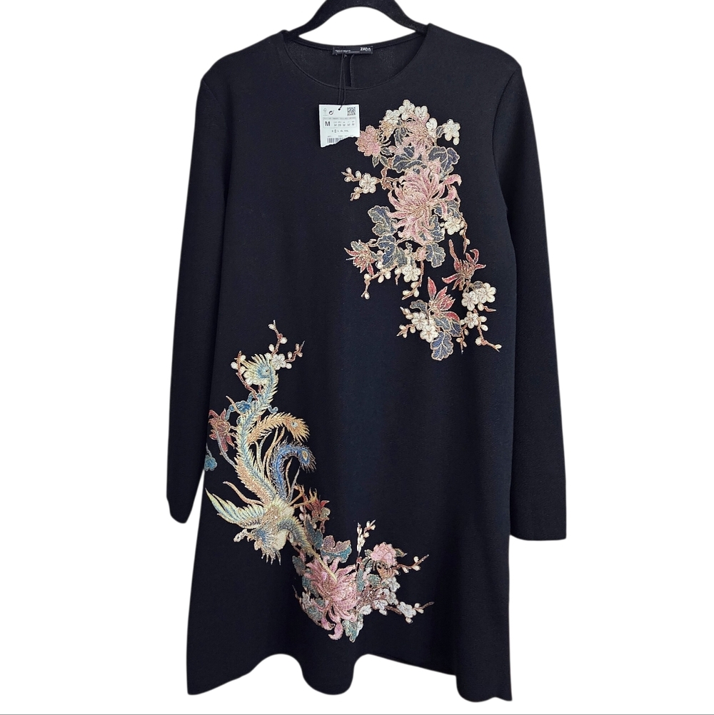 Zara W/B Collection Black Oriental-Inspired Floral Long Sleeve Dress Medium NWT